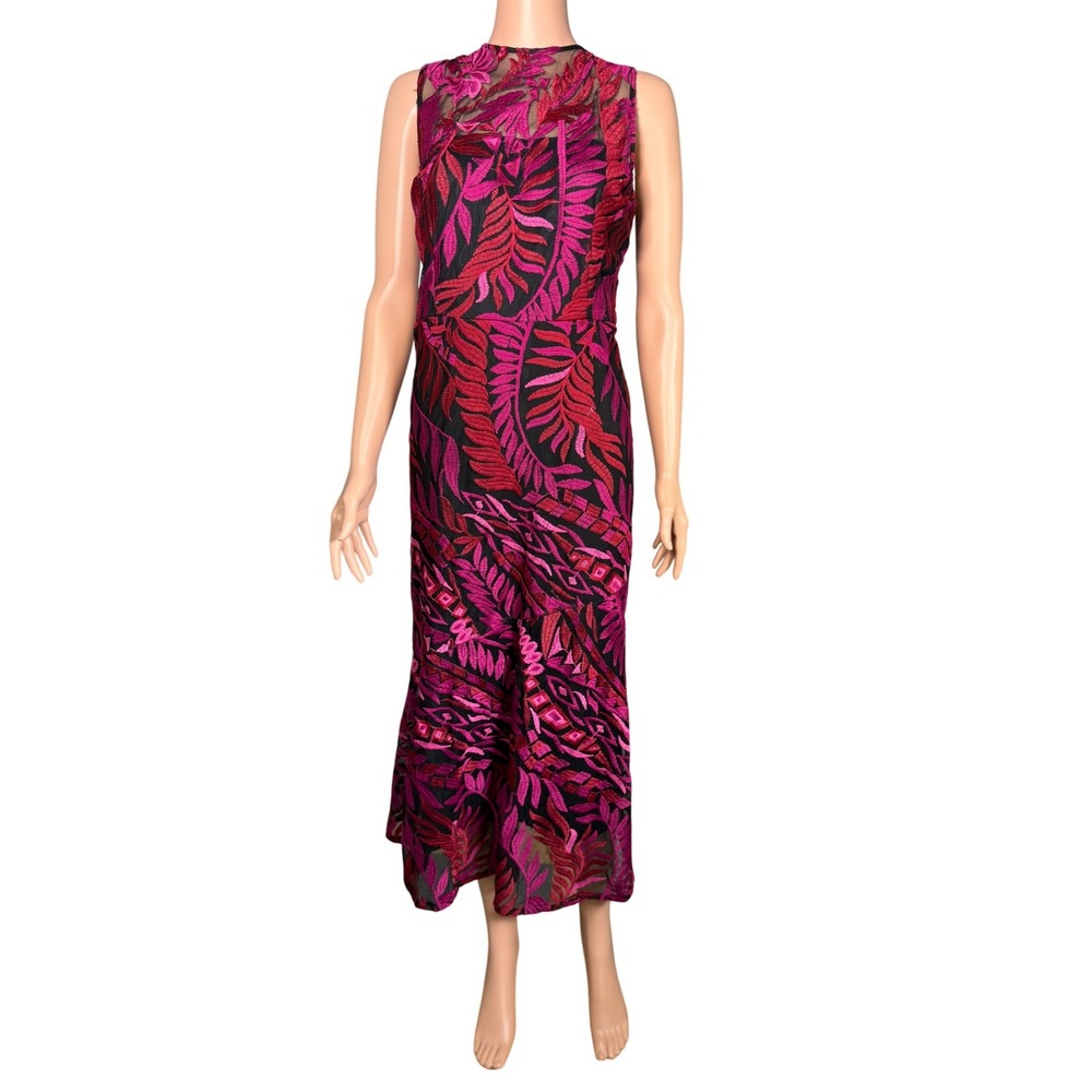 Sam Edelman Floral Embroidered Midi Dress Sheer Back Sleeveless Size 14